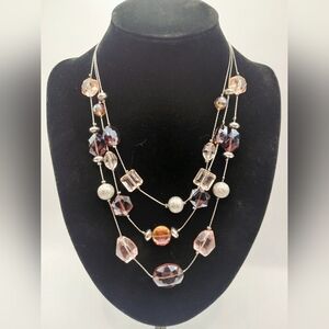 Multi-strand necklace with silver-tone chain and acrylic & glass faceted beads